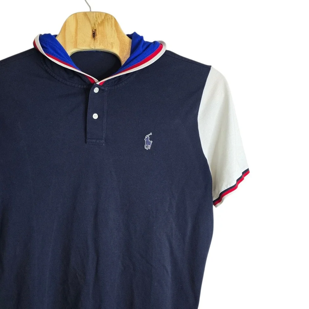 Polo Ralph Lauren Mens XL Colorblock Hooded Polo Shirt Navy Blue Short Sleeve